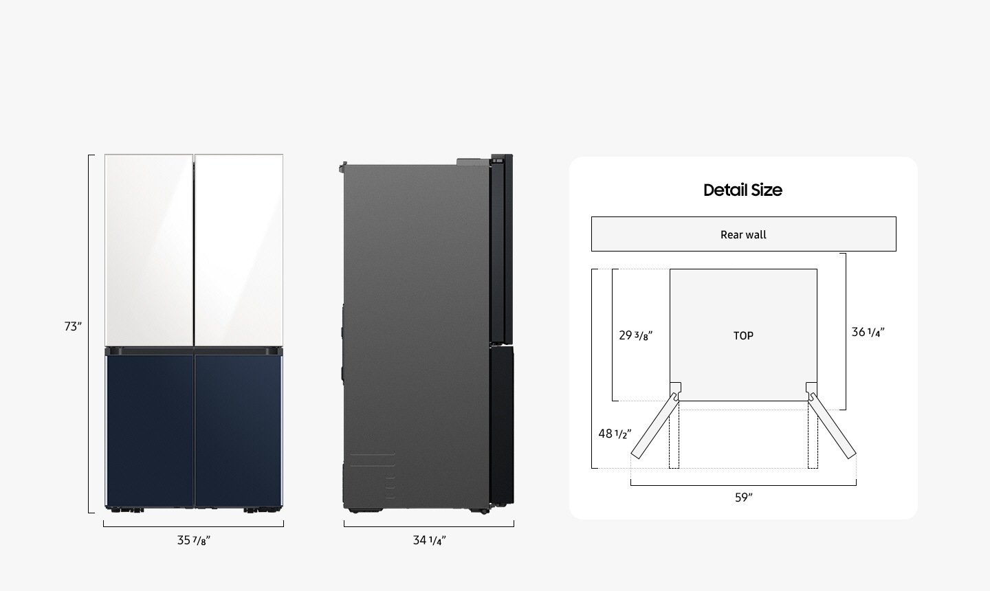 Size measurements: Height 73", width 35 7/8", depth 34 1/4", depth with doors open at a right angle 48 1/2", depth without doors 29 3/8", install depth 36 1/4", width with doors open 59".