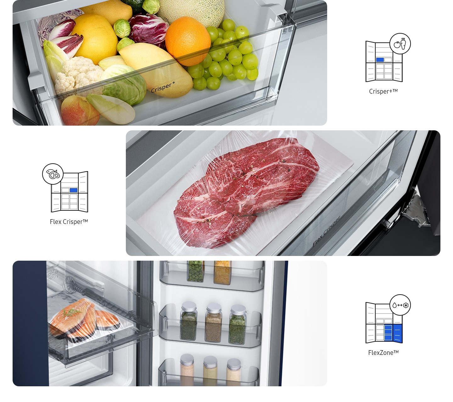 The Crisper+ drawer, in the upper left part of the fridge, is filled with different fruits, while Flex Crisper, in the upper right, is holding two seasoned steak. On the bottom right of the fridge is the FlexZone, which has three pieces of salmon.