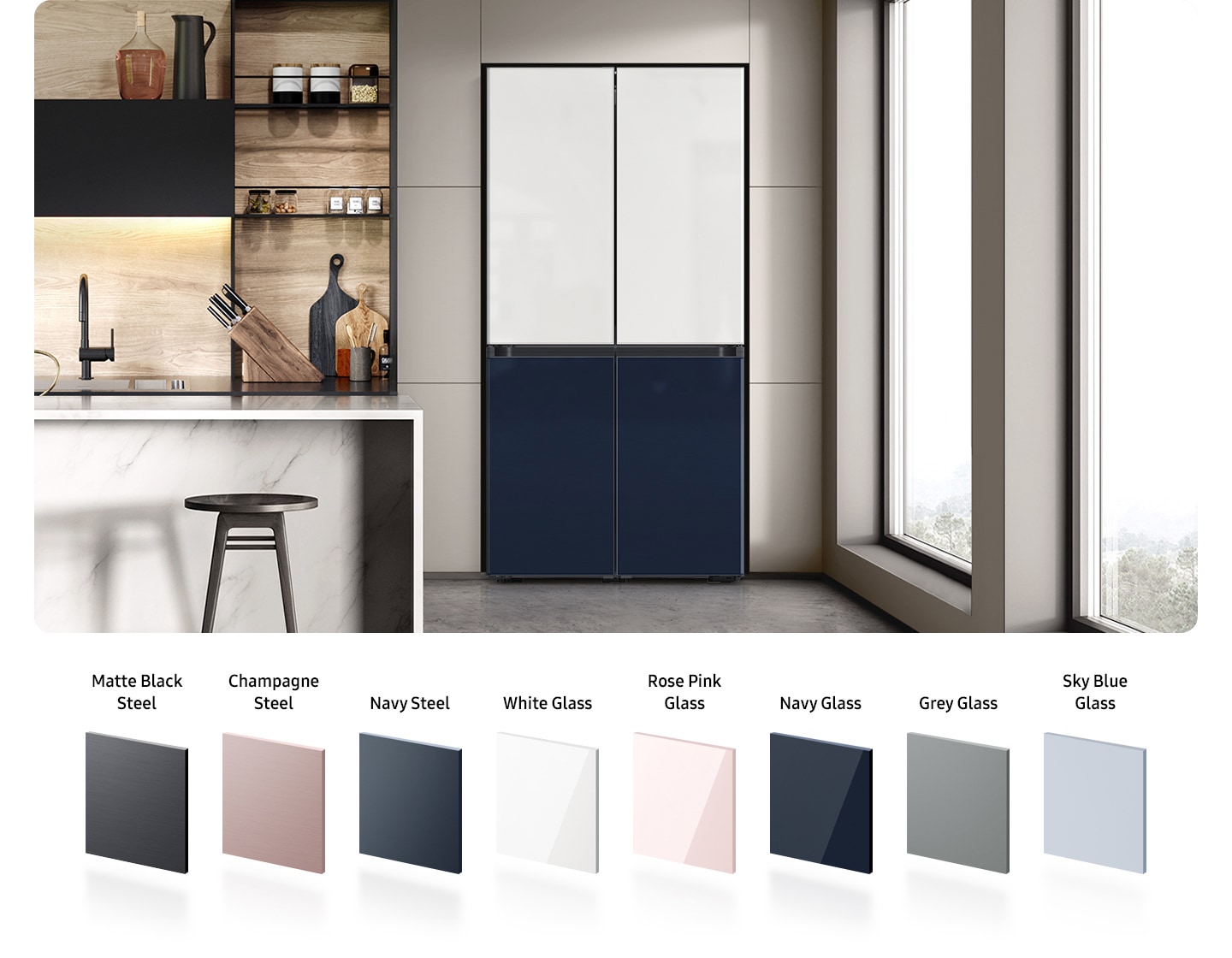 The colors on each of the 4 front panels of the Bespoke refrigerator alternate between the 8 options lined up at the bottom - Matte Black Steel, Champagne Steel, Navy Steel, White Glass, Rose Pink Glass, Navy Glass, Grey Glass, Sky Blue Glass.