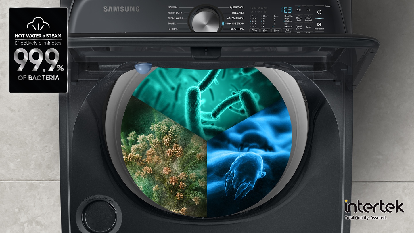 Steam wash certified by BAF and Intertek, steam is dispersed inside the washing machine door to remove allergens and bacteria up to 99.9%.