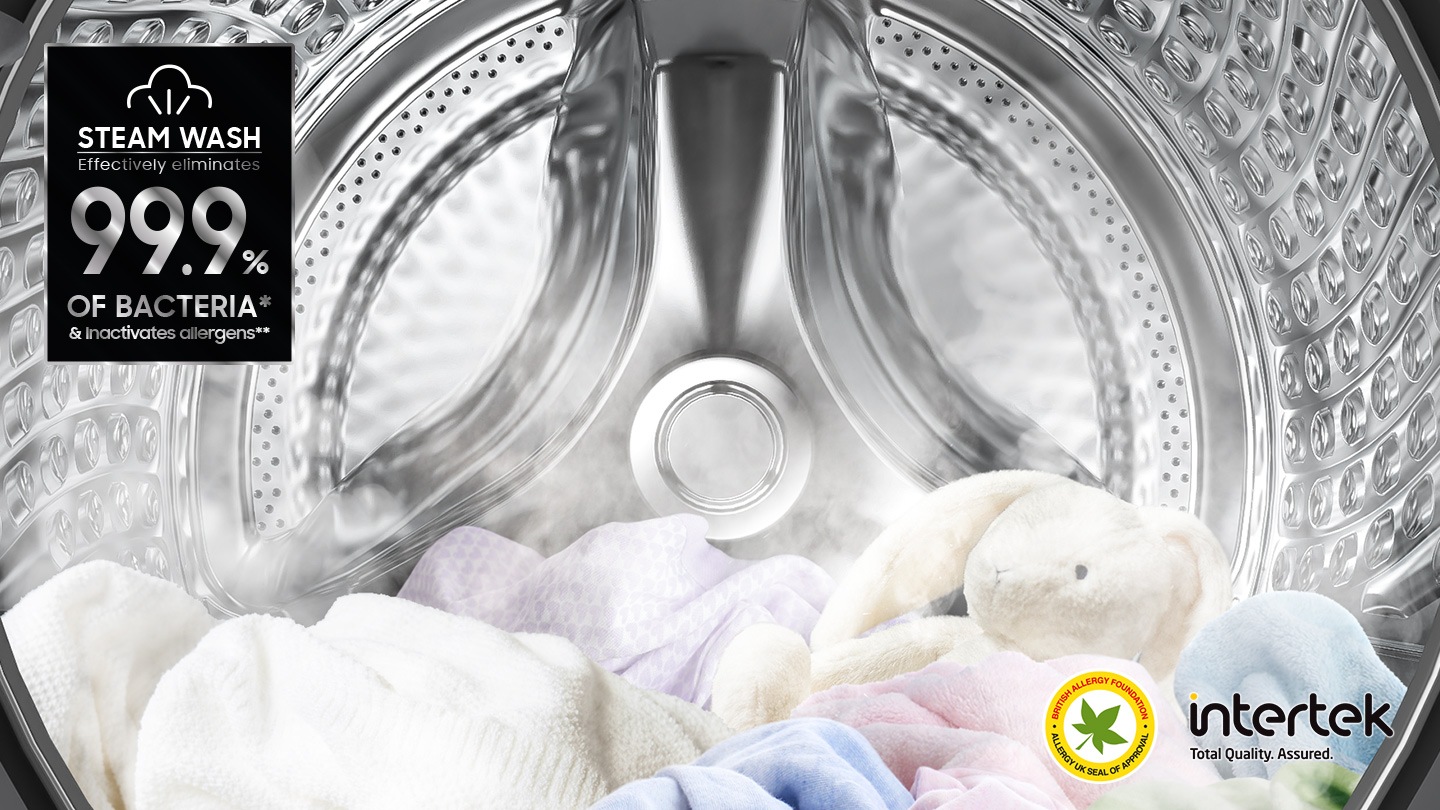 Steam wash certified by Intertek, steam is dispersed inside the washing machine door to remove allergens and bacteria up to 99.9%.