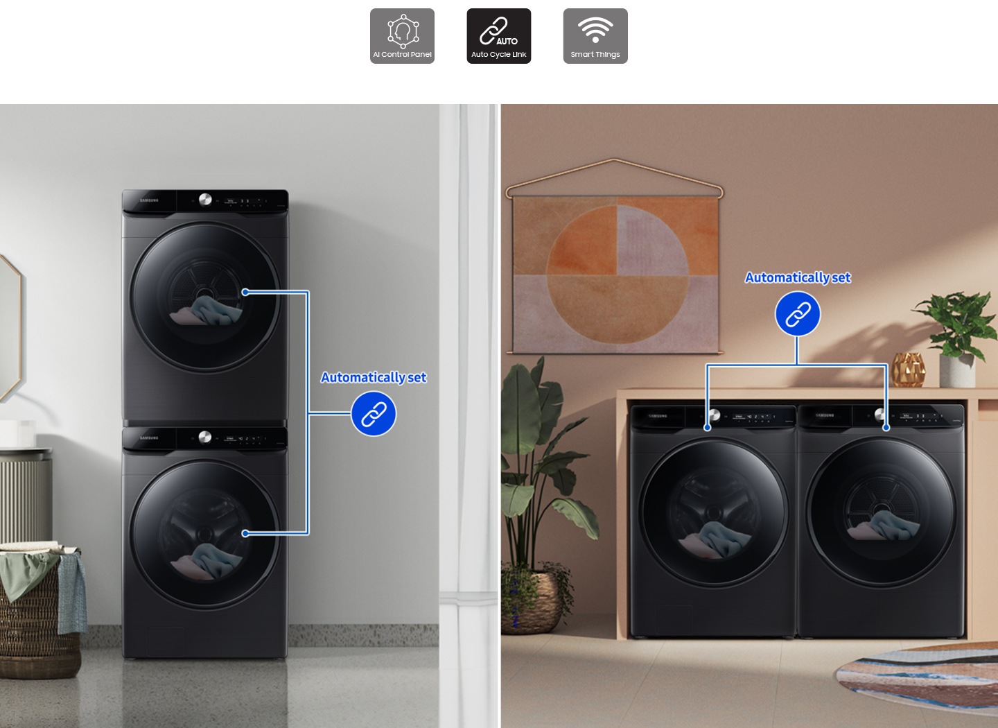 Two sets of washers and dryers are placed differently in two separate living spaces. Each set is linked with a blue line.