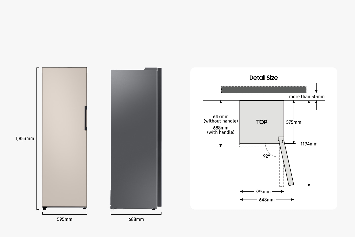 There are front and side views of RR7000. The RR7000 is 1853mm in height, 595mm in width, and 688mm in depth. The detailed sizes seen in the top are as follows. The width of the RR7000 from the rear to the front is 575mm excluding doors, 647mm including doors but with out handle (with handle 688mm). The door is opened up to 92°, with a width of 648 mm and a front width of 595 mm when the door is opened to 90°. When the door of RR7000 is opened at 90°, the length from the back of the product to the front of the door shall be 1194 mm, and the product shall be installed with a space of more than 50 mm from the wall.