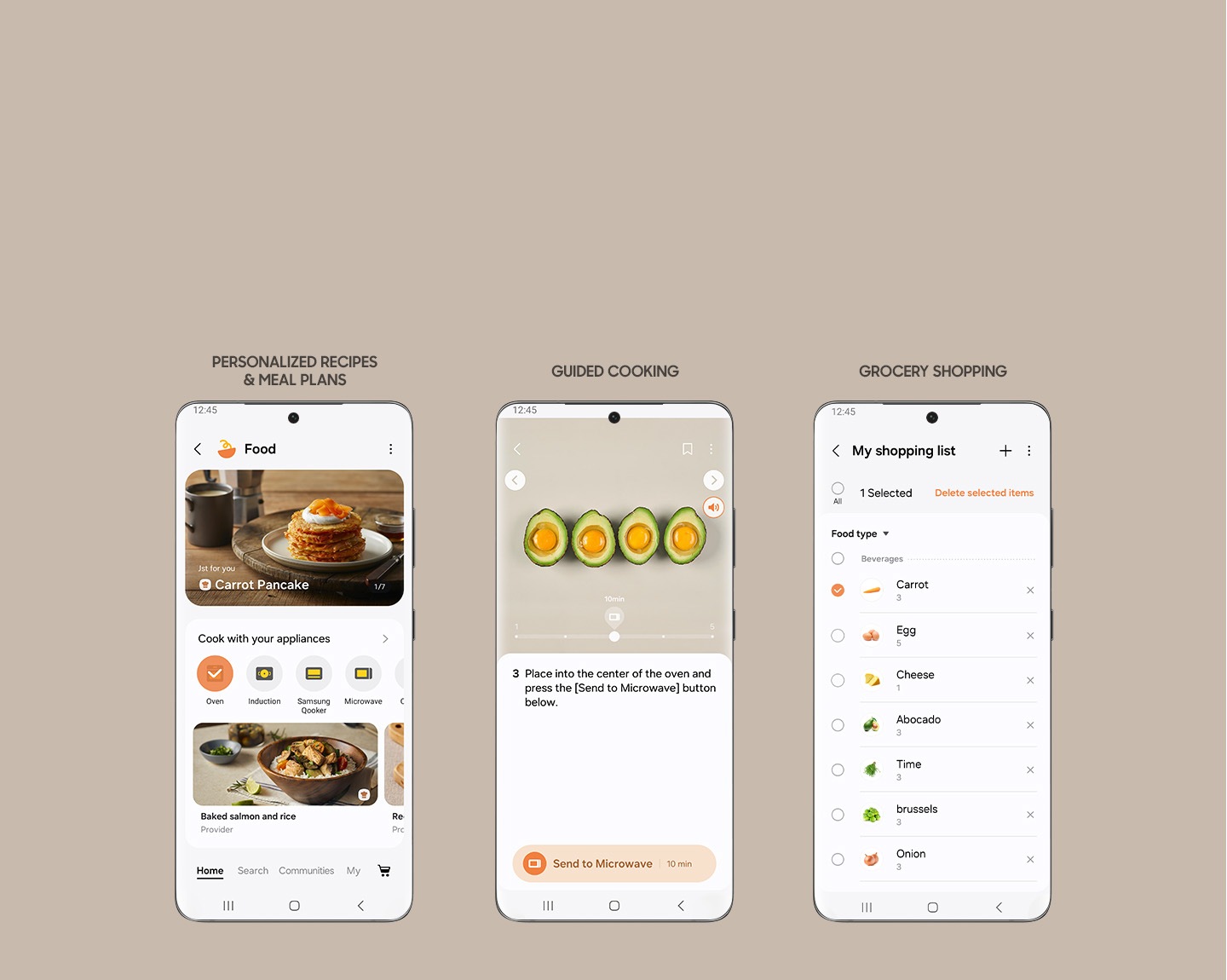 Shows 3 smartphone screens from the SmartThings Food app, which lets you access personalized recipes and meal plans, view guided cooking instructions and create a grocery shopping list to buy ingredients.