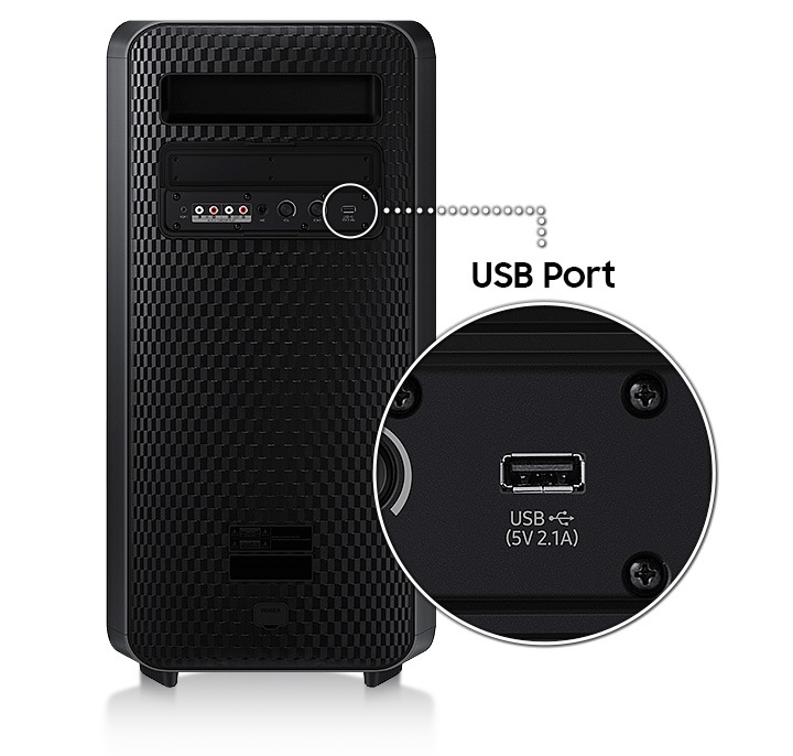 A closeup of Sound Tower's USB port is on display as the back of the Sound Tower is shown.