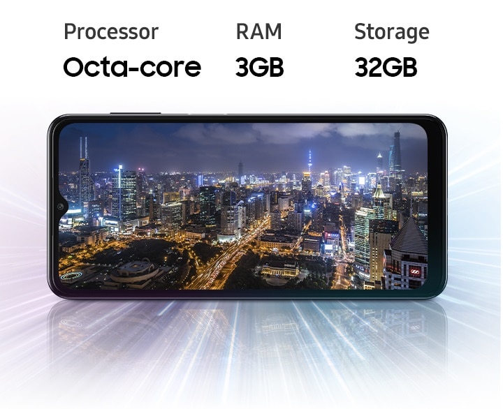 Galaxy A04s shows night city view, indicating device offers Octa-core processor, 3GB, 32GB storage.