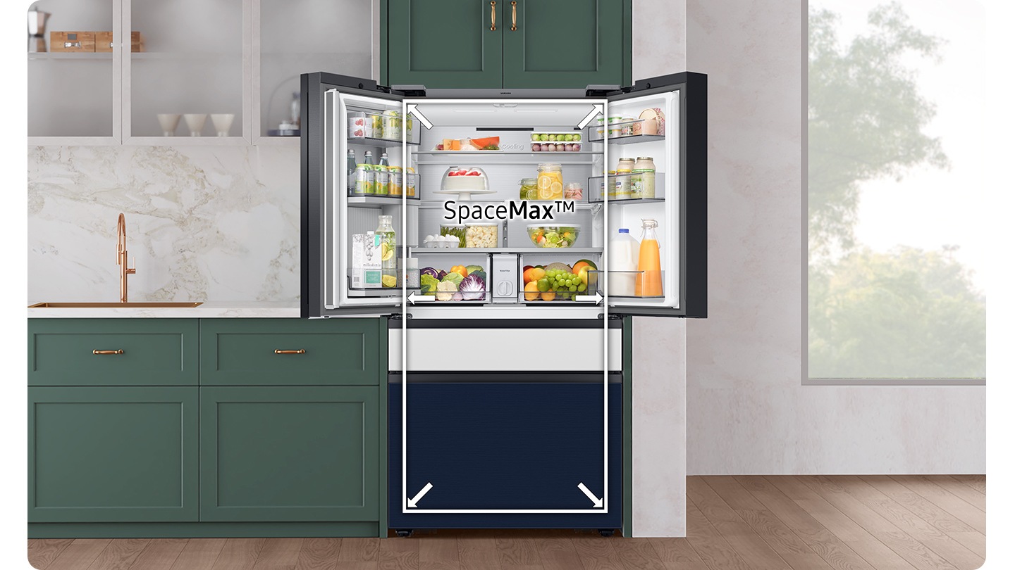 Bespoke Refrigerator with four door is in the kitchen, and the upper doors on both sides are wide open with the words 'SpaceMax' in the center.