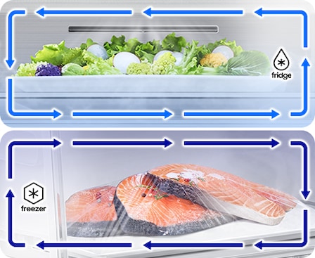 In one compartment fresh green salad is in fridge cooling mode, and in another compartment fresh frozen salmon in wrap is in freezer cooling mode.
