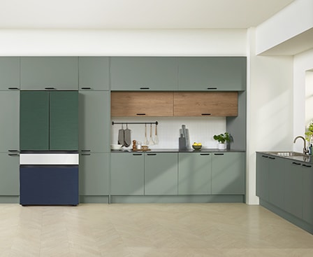 Bespoke Refrigerator with four door with minimalist design harmoniously fits well into a seamless and trendy kitchen interior.