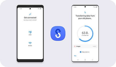 An older Galaxy device is next to the Galaxy device for performing Smart Switch. In between them is the Smart Switch icon. The old device shows that it is connected while the new device shows "Transferring data from your old phone" with a progress of 63.8%.