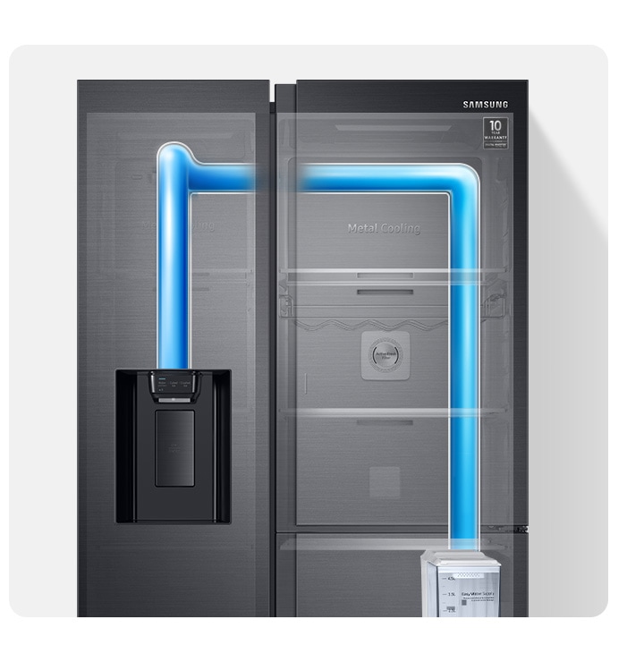 A cut-out of a 2-door fridge with a blue water pipe inside demonstrates how the dispenser connects to the water tank.