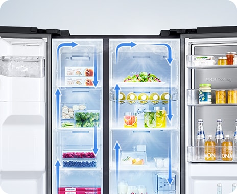 A 2-door fridge filled with food has its doors open. Blue arrows move clockwise to indicate fresh cool air circulating inside.