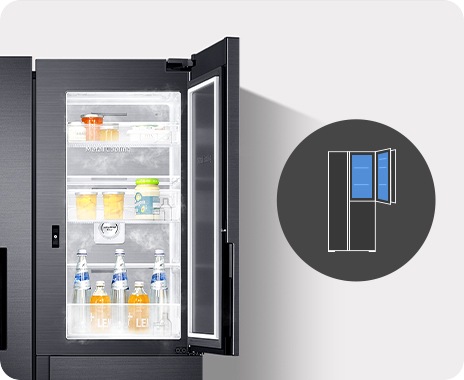 The upper right fridge door is open with beverages inside.
