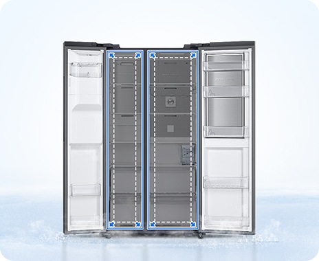 A 2-door fridge is set against an icy background with doors open. Inside are arrows and dotted lines indicating capacity.