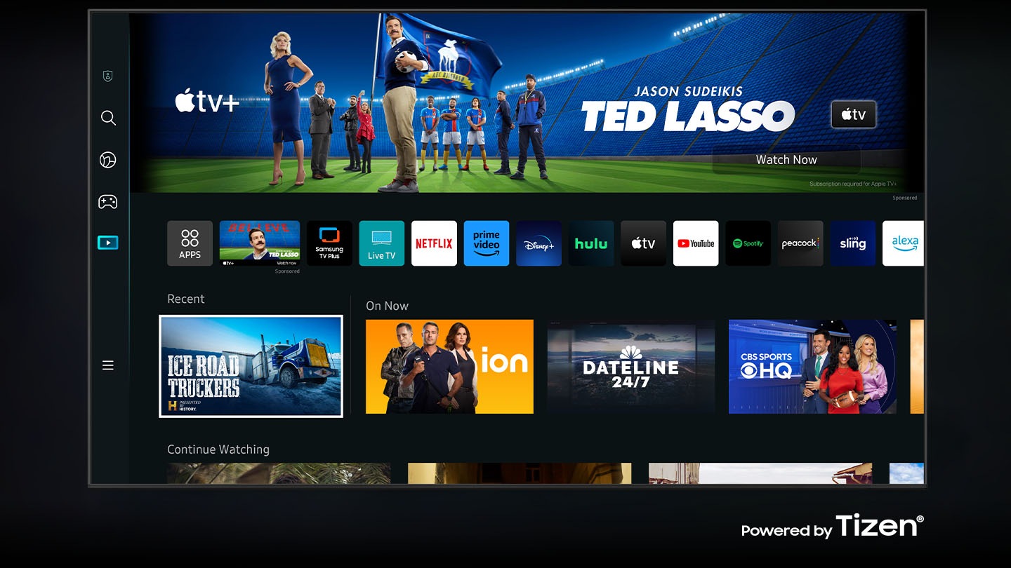 The new Smart Hub UI powered by Tizen is displayed to show a wide variety of OTT services and content being serviced.