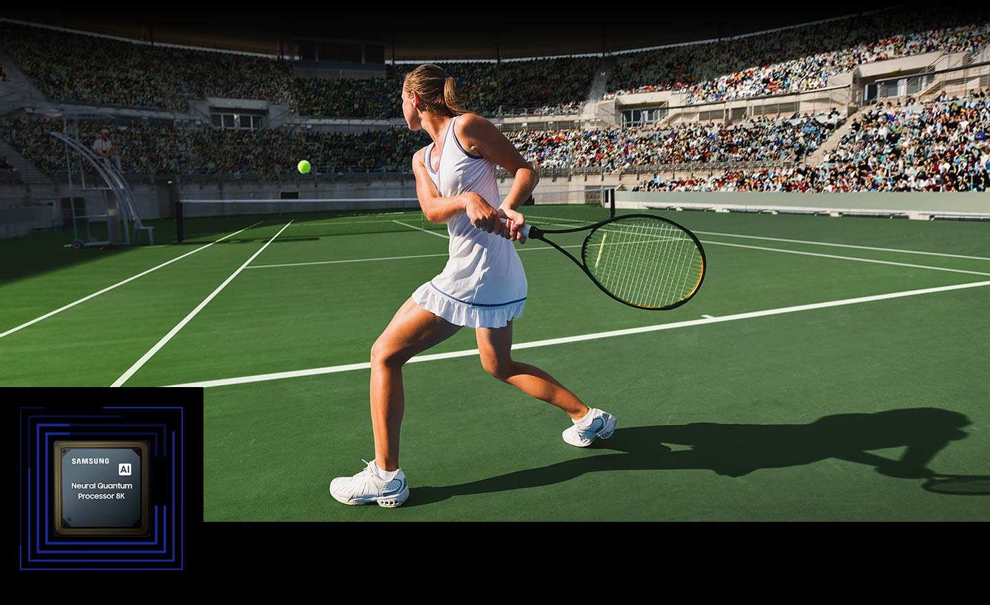 A woman is playing tennis in front of a large crowd. The Neural Quantum Processor 8K processes the many objects on display and enhances the entire scene. The Neural Quantum Processor 8K is on display in the lower lefthand corner.