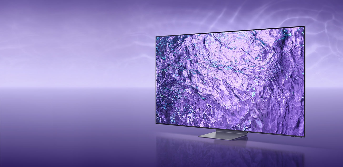 A Neo QLED TV is displaying purple graphic on its screen in front of a purple background.