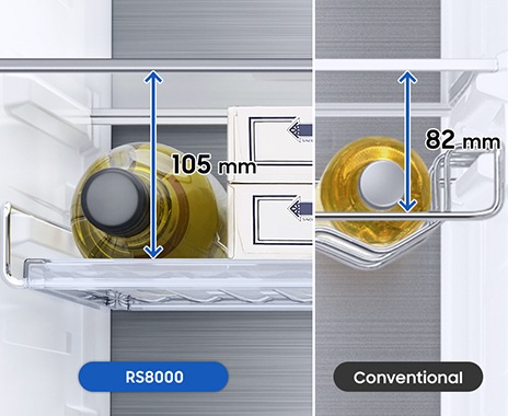 Compared to the 82mm high conventional model, RS8000BC’s 105mm Wine Shelf allows storing larger bottles and food.