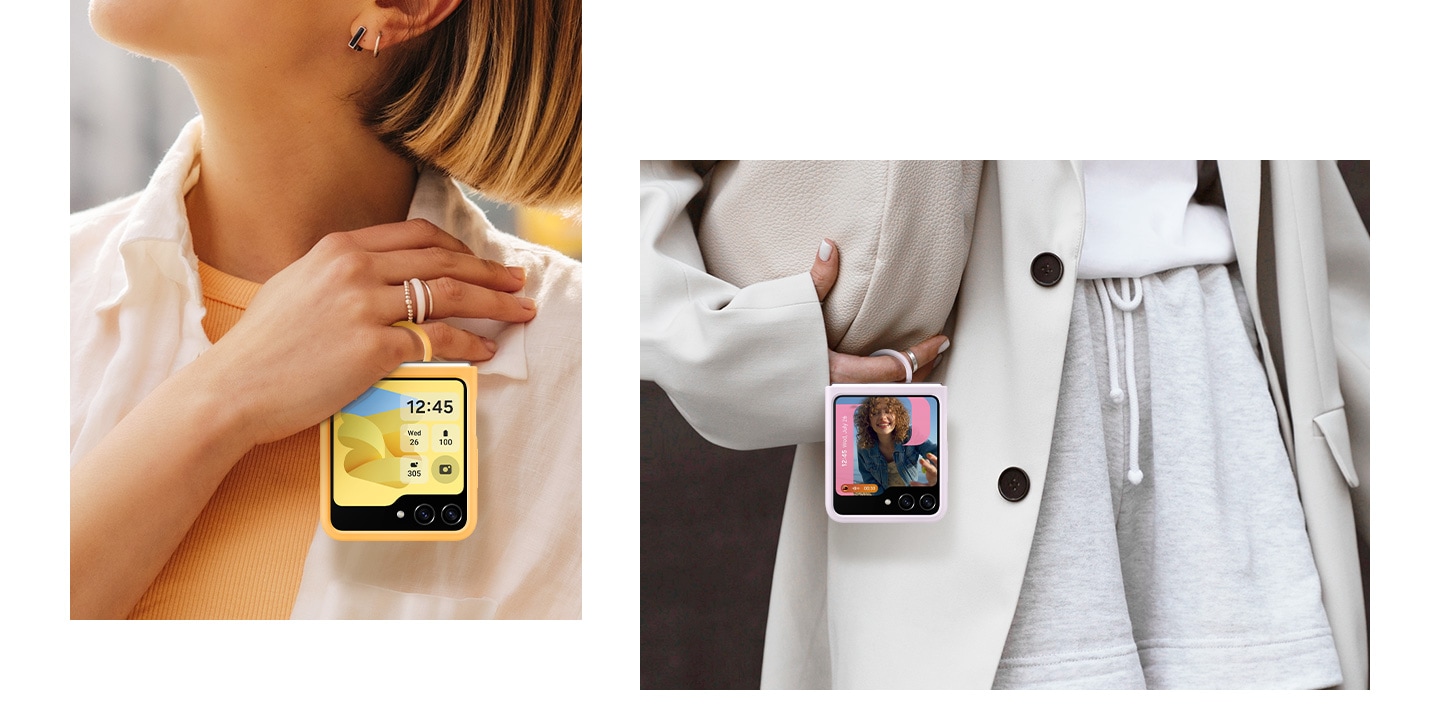 A woman dressed in outerwear is carrying a Galaxy Z Flip5 device with a lavender Silicone Case with Ring, holding the ring with her index finger. Another woman in a casual outfit is holding a Galaxy Z Flip5 device with an apricot Silicone Case with Ring close to her shoulder, with her little finger slid into the ring.
