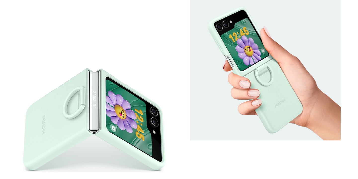 A Galaxy Z Flip5 device covered with a mint Silicone Case with Ring is open at a 45-degree angle and standing up like a tent with a ring grip on the hinge. A hand is firmly holding the same device unfolded.