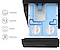 Top view of the Auto Dispenser. Icons next describe automation, calibration, sensing and flexible use features. WD9400B notifies you when the detergent runs out. 1. Liquid Detergent and 2. Fabric Softener, Liquid Detergent prints on the dispenser are highlighted.