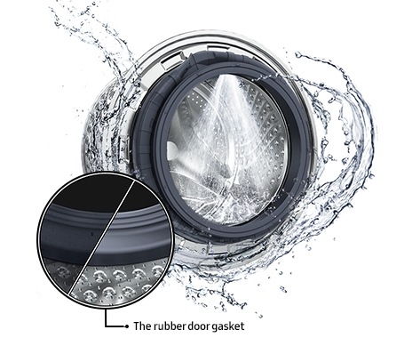The washer drum is surrounded by clean water and water jets are cleaning the inside. Close-up image of a rubber door gasket being cleaned.