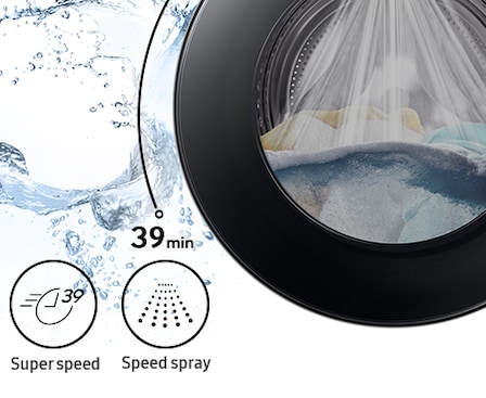 Towels and doll is in the drum and washing takes 39 minutes with the powerful speed spray.