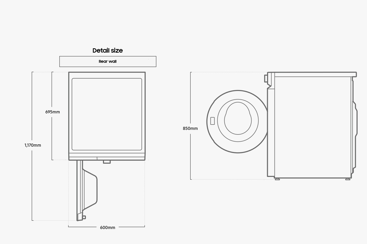 Width 600mm, height 850mm, depth 695mm, depth with door open 1,170mm.