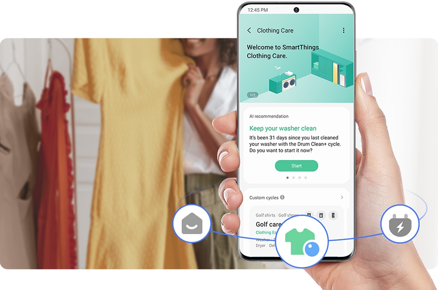 A person is using the SmartThings Clothing care and is given AI recommendations.