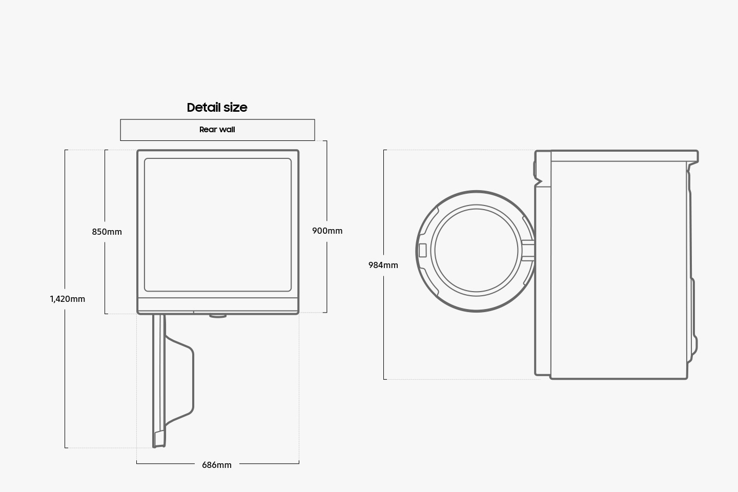 There are top and side views of Samsung Bespoke Grande AI washer with detailed dimensions. The washer is illustrated from the top with its door open perpendicular to the machine, creating a 90 degree angle. The depth of the washer itself is 850mm and the depth including the distance between the washer and the rear wall is 900mm. The total depth of the washer when the door is open is 1,420mm. The width of the washer is 686mm. The washer is illustrated from a side with its door wide open. The height of the washer is 984mm.
