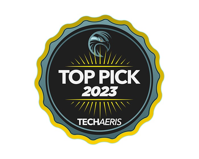 Este afișată logo-ul Top Pick 2023 de Techaeris.