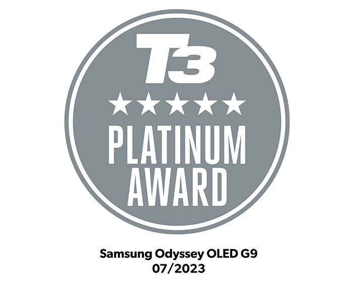Este afișată logo-ul Premiului Platinum al lui T3, cu „Samsung Odyssey OLED G9 iulie 2023”.