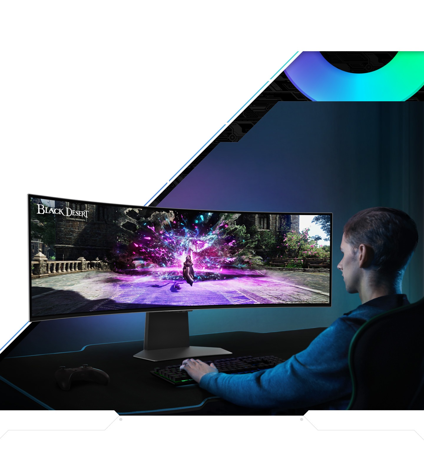 Un jucător joacă Black Desert pe monitorul Odyssey. Pe ecran, un personaj își folosește abilitățile în fața unei clădiri de piatră, înconjurată de copaci și frunziș.