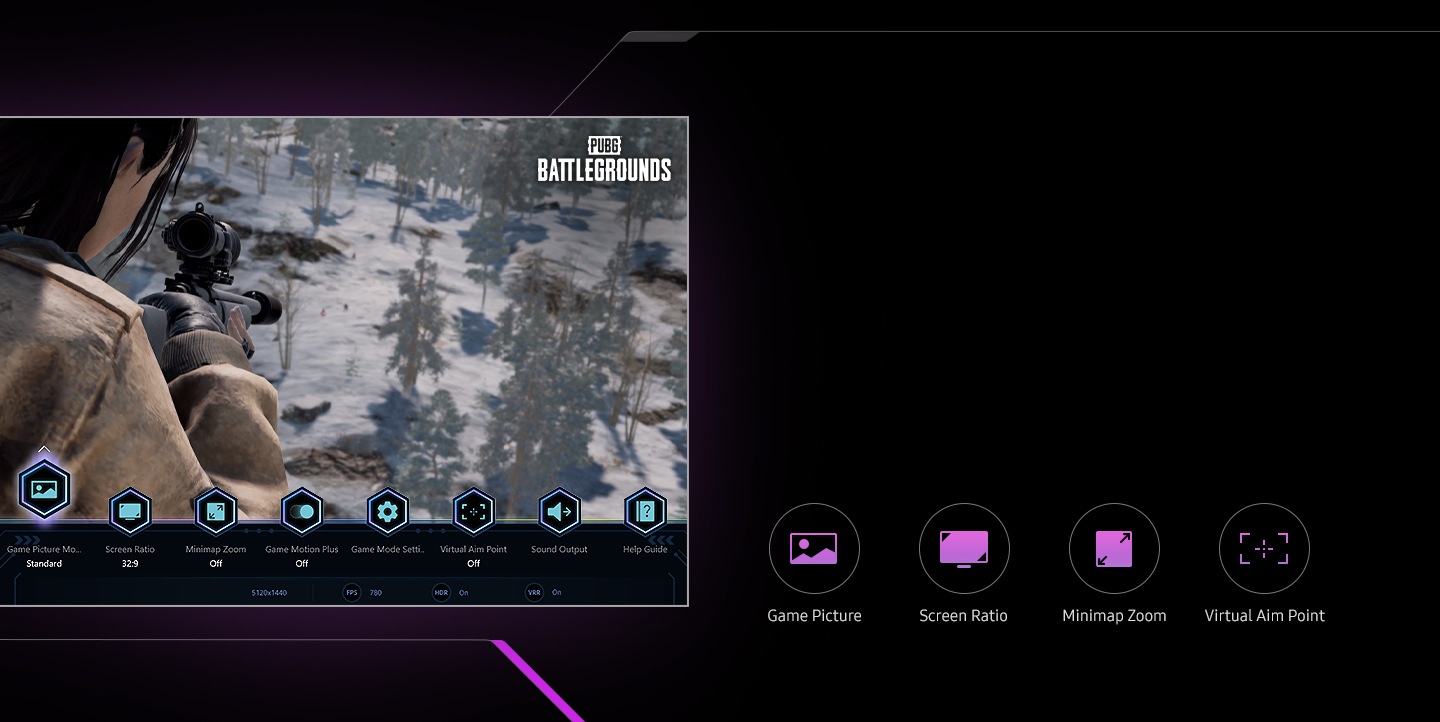 Un ecran arată opțiunile Barei de jocuri în timp ce jocul PUBG Battlegrounds este jucat. Opțiunile din Bara de joc afișate în partea de jos a ecranului includ „Mod imagine joc: standard”, „Raport ecran: 16:9”, „Zoom minim hărții: dezactivat”, „Mișcare joc Plus: dezactivat”, „Setare mod joc”, „Punct de urmărire virtuală: dezactivat”, „Ieșire sunet” și „Ghid de ajutor”.