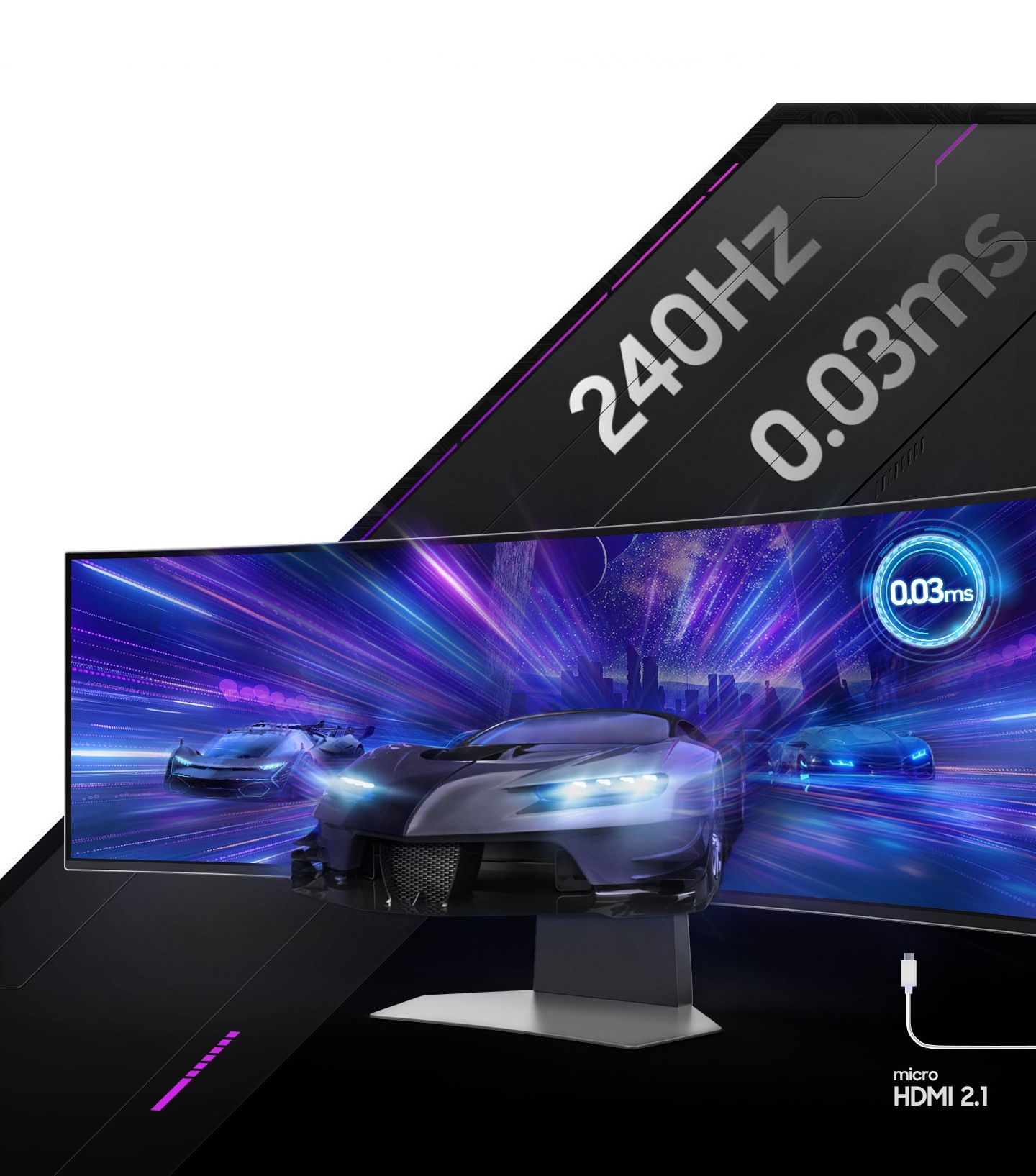 Pe ecranul monitorului, mașinile ies în fugă de pe un monitor, departe de un oraș futurist. Un cablu de conectare etichetat „micro HDMI 2.1” este afișat sub ecranul monitorului.