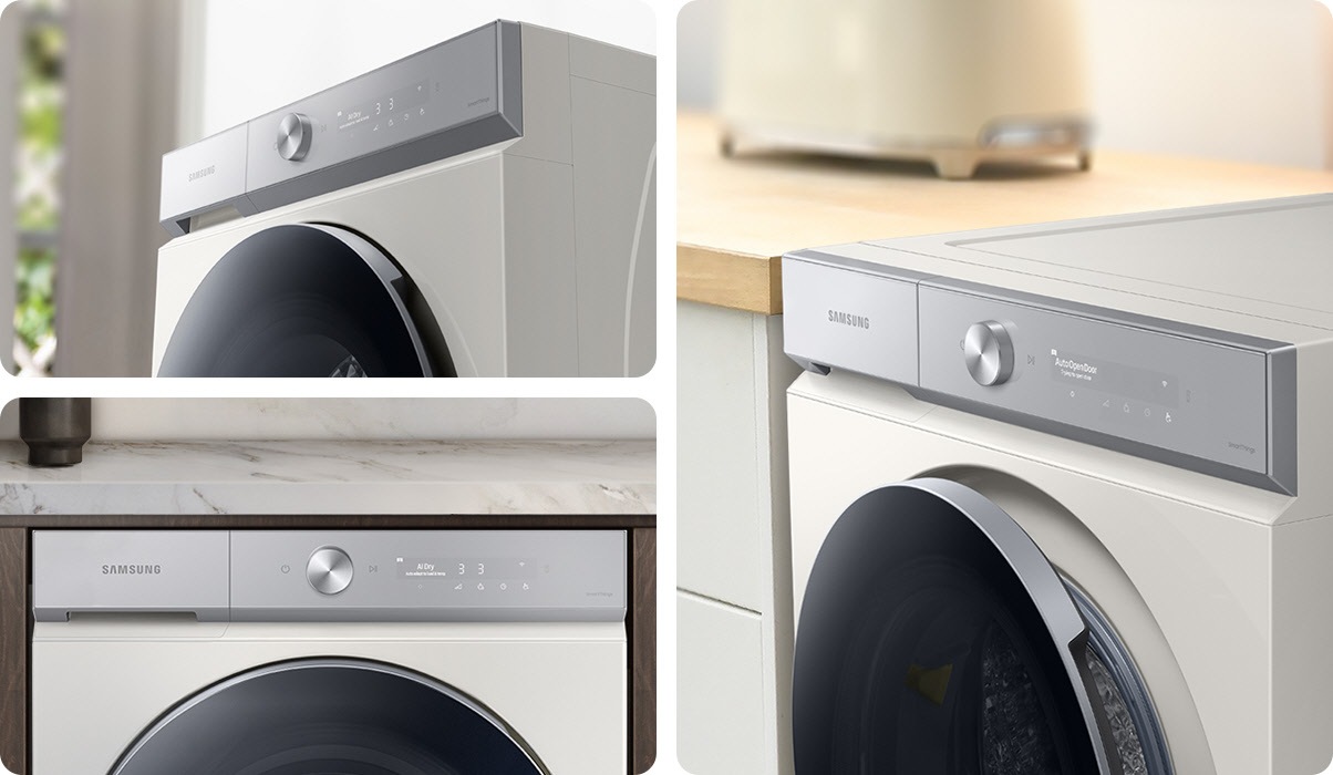 There are three white Bespoke Grande AI dryers in 3 different locations: one is by itself in a room, one is built-in under a white marble countertop, and one is set at the end of a kitchen cabinet, its door open slightly.