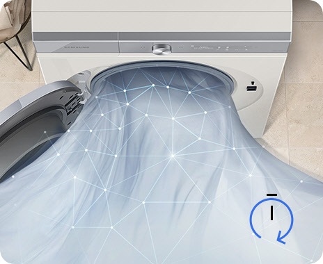 A Bespoke Grande AI dryer’s door is completely open, and a white sheet flows out. There is an illustration of a clock in the bottom right corner.