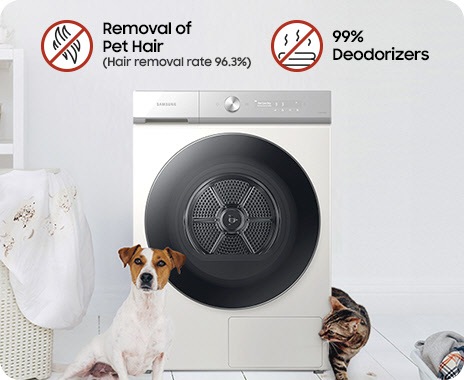 A white Bespoke Grande AI dryer is in a white room with a dog and a cat. There is a laundry bag to the left of the machine. Removal of Pet Hair (Hair removal rate 96.3%). 99% deodorizers.