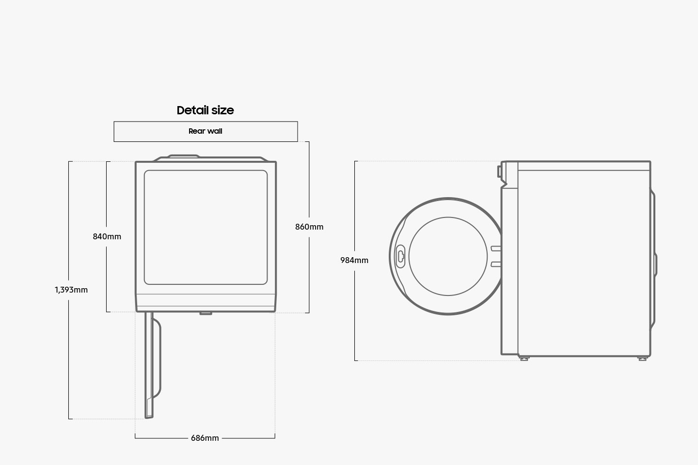 There are top and side views of a Samsung Bespoke Grande AI dryer with detailed dimensions. The dryer is illustrated from the top and has its door open perpendicularly to the machine, creating a 90 degree angle. The depth of the dryer itself is 840mm and the depth including the distance between the dryer and the rear wall is 860mm. The total depth of the dryer when the door is open is 1,393mm. The width of the dryer is 686mm. The dryer is illustrated from the side with its door wide open. The height of the dryer is 984mm.