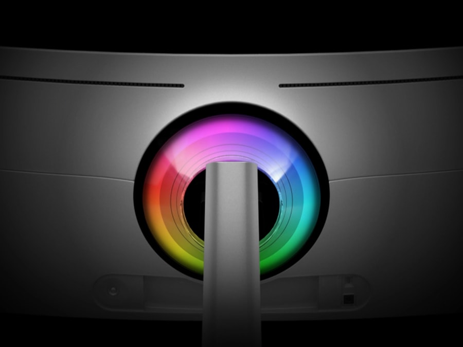 A closeup of the back of an Odyssey monitor is shown and a rainbow ring of lighting rotating clockwise.