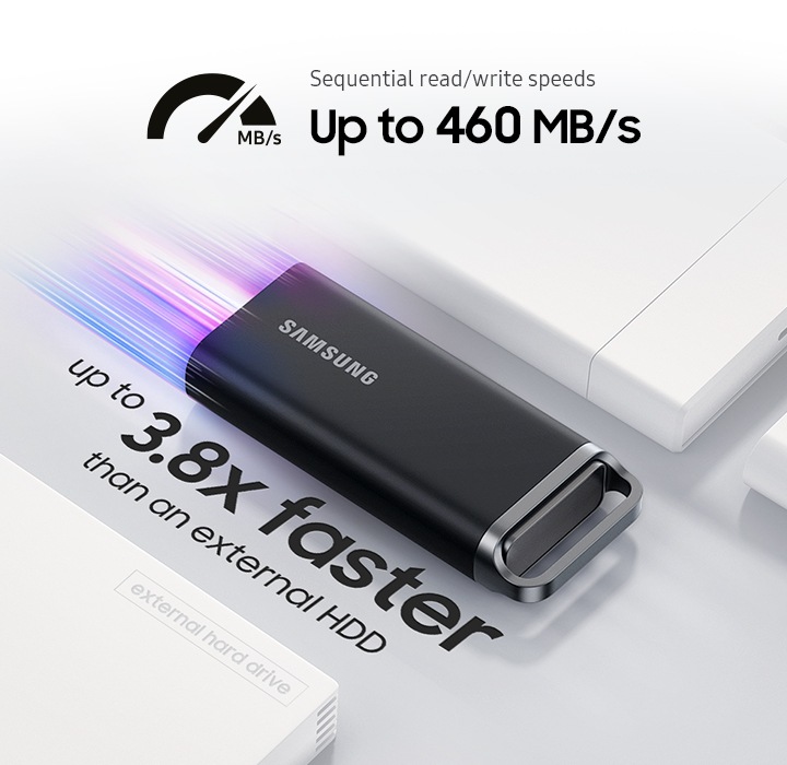 The T5 EVO zooming through lanes of external HDDs. The text “Up to 3.8x faster than an external HDD” is written below it. Also sequential read / write speed up to 460MB/s.