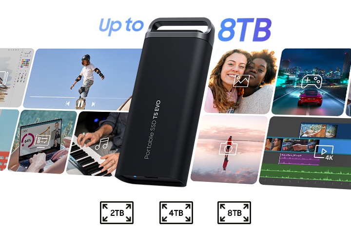 Various images displayed along a horizontal photo carousel of various scenes that require extensive data storage: video editing, gaming, imaging. Dividing the carousel is the T5 EVO with the text “Up to 8TB” written above it and "2TB" "4TB","8TB" icons below it.