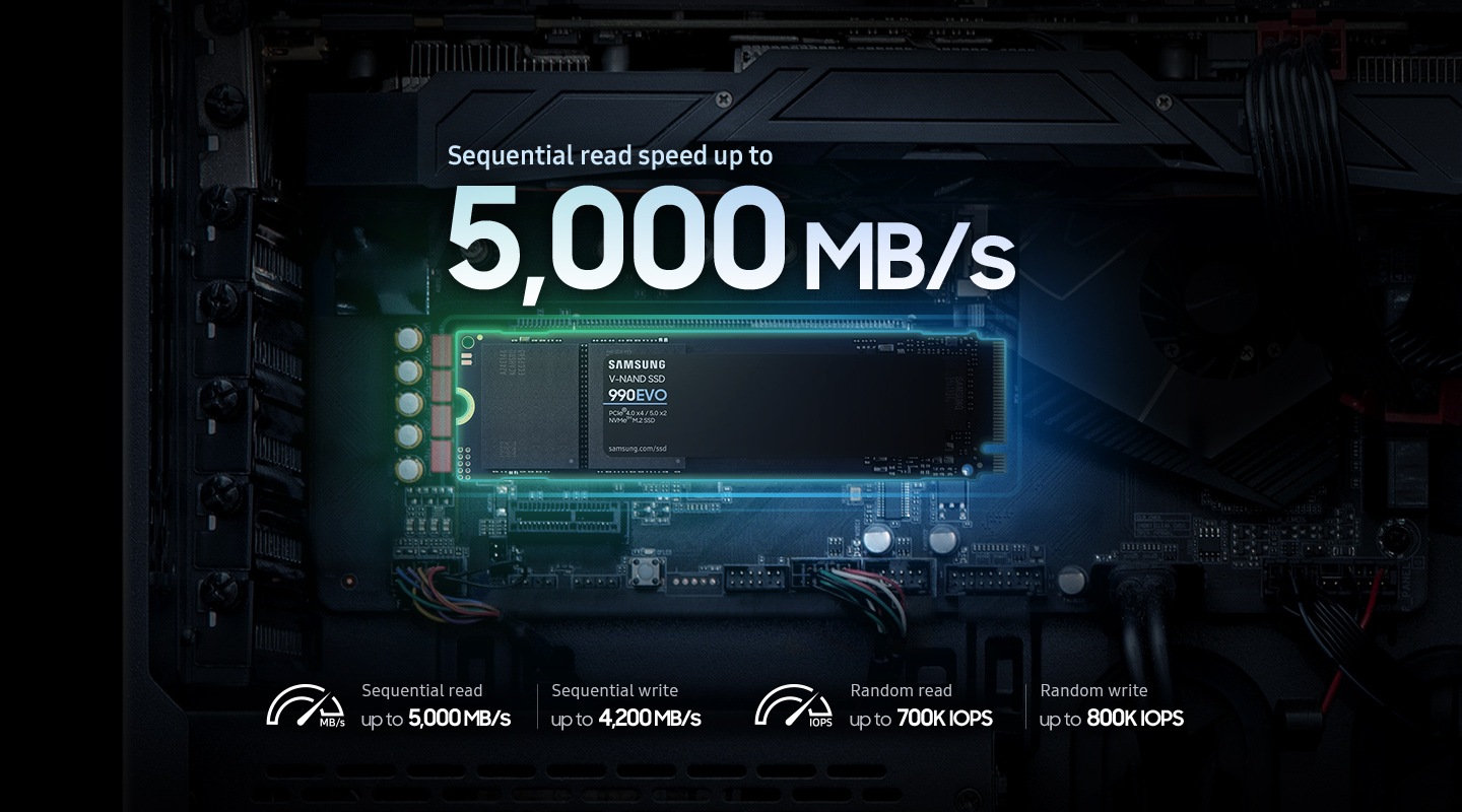 The light that starts from the left quickly flows to the right. The light flows into the SSD installed inside the computer, and the 990EVO appears. Next, the phrase "Sequential read speed up to 5,000 MB/s" appears in large letters, and underneath it, "Sequential writes Up to 4,200 MB/s", "Random reads Up to 700K IOPS", and "Random writes Up to 800K IOPS". Full speed information appears together.