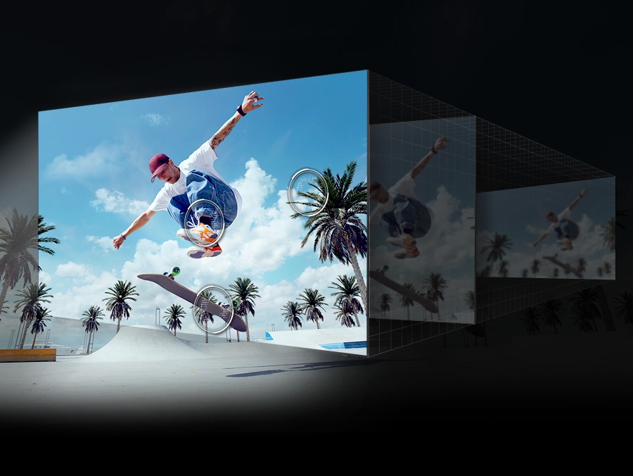 Layered screens depict 4K Upscaling at work. Light ripples through the layered screens to optimize the picture at the forefront. The details of a palm tree, skateboard and shoes of a skateboarder in a scene are upscaled to great clarity.