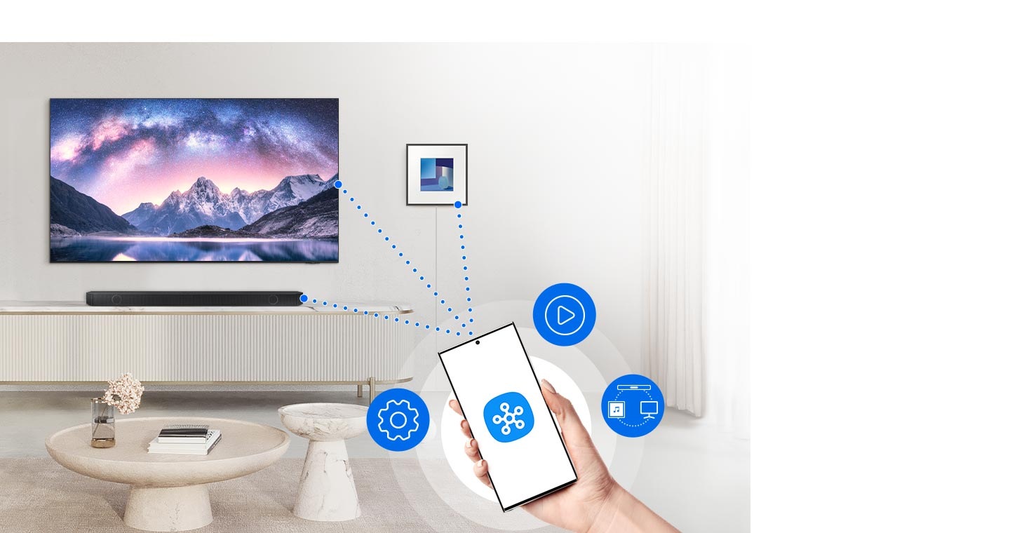 A phone has a SmartThings logo on screen. UI icons hover nearby. Dotted lines connect the phone to a TV and sound devices.