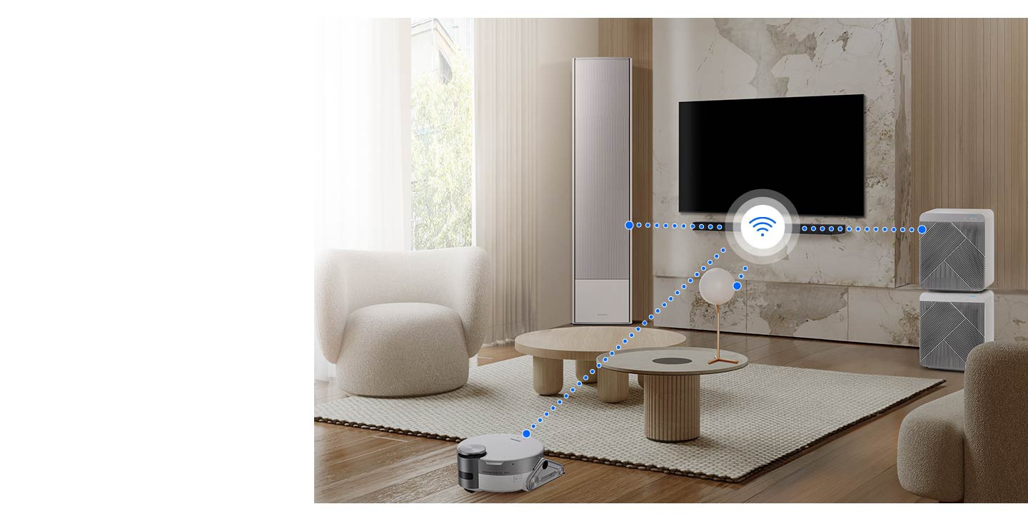 In a living room, a Soundbar on the wall gives off a Wi-Fi signal. Various dotted lines appear, connecting the Soundbar to the other devices in the room, including a robot vacuum cleaner, a lamp, an air conditioner and an air purifier.