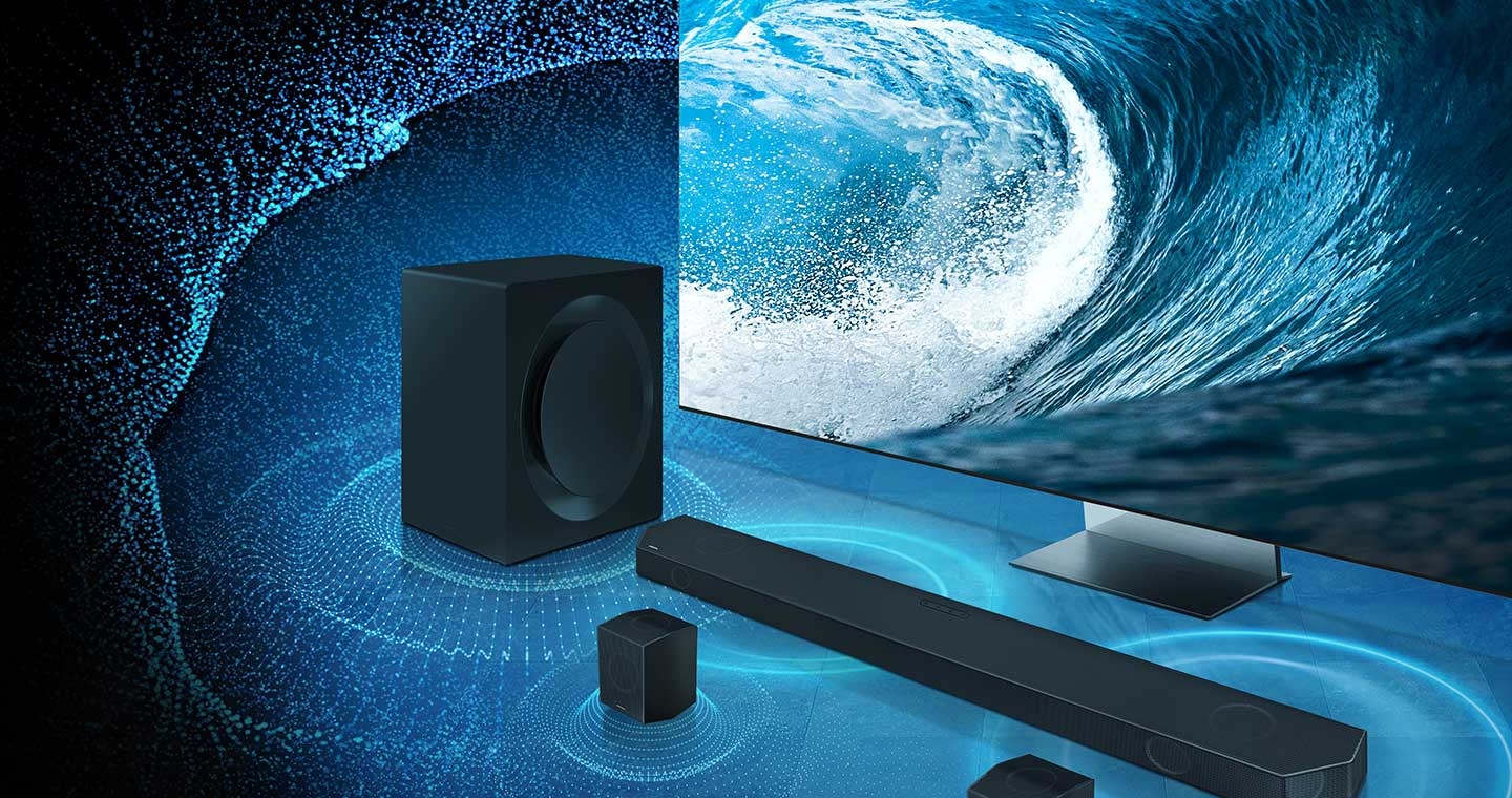 A TV with sound devices. Roon Tested and TUV Rheinland Certified Product Carbon Footprint www.tuv.com ID 0217009957 logos.