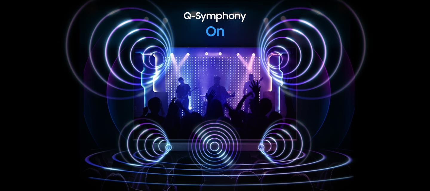 A TV screen depicts a lively concert scene. Directly underneath is a Soundbar. When Q-Symphony is Off, the Soundbar plays audio by itself, giving off small sound waves. When Q-Symphony is On, the TV and Soundbar play audio together at the same time, with both giving off large sound waves in sync.