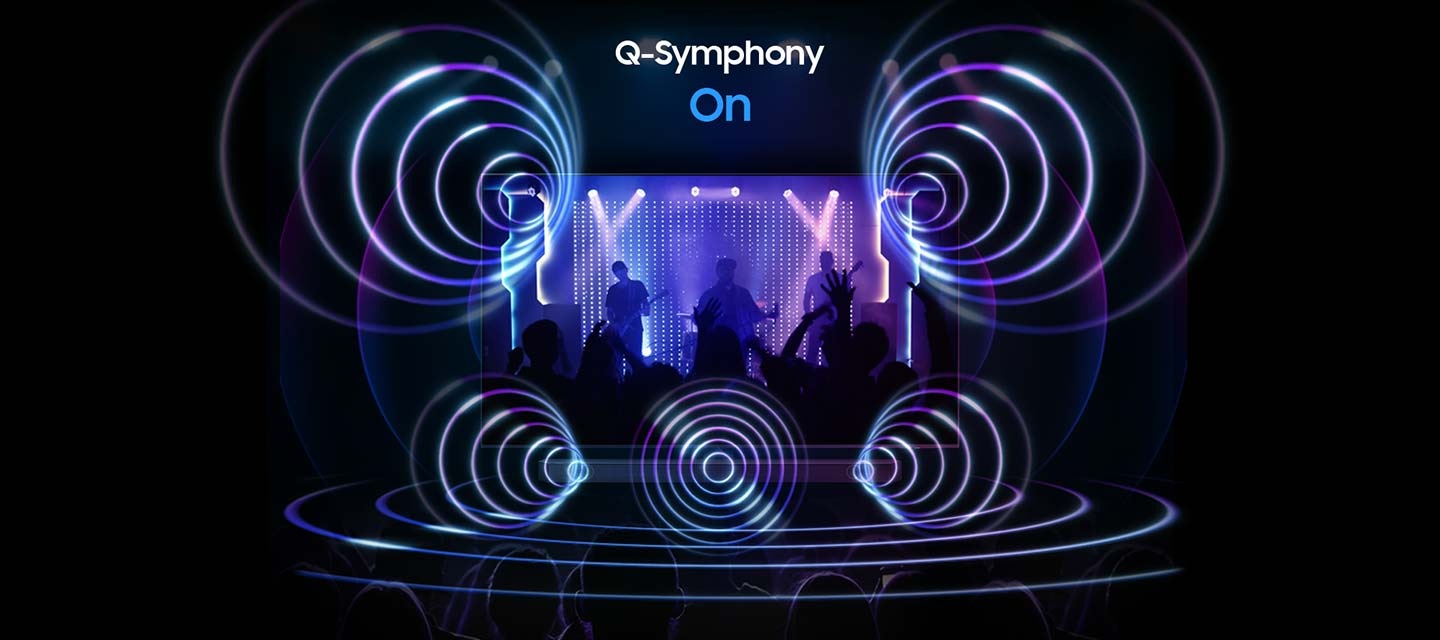 A TV screen depicts a lively concert scene. Directly underneath is a Soundbar. When Q-Symphony is Off, the Soundbar plays audio by itself, giving off small sound waves. When Q-Symphony is On, the TV and Soundbar play audio together at the same time, with both giving off large sound waves in sync.