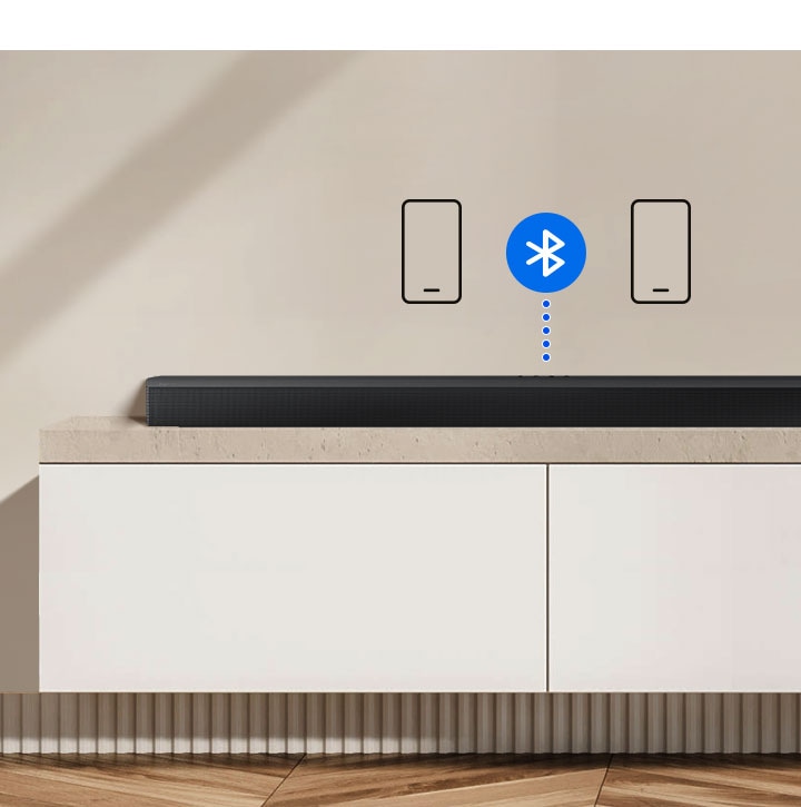 A Soundbar is connected by a dotted line to a Bluetooth icon, which is flanked by two smartphone icons.